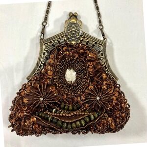 Vintage Inspired Ornate Bronze Beaded Sequin Evening Clutch Purse with 2 Chains